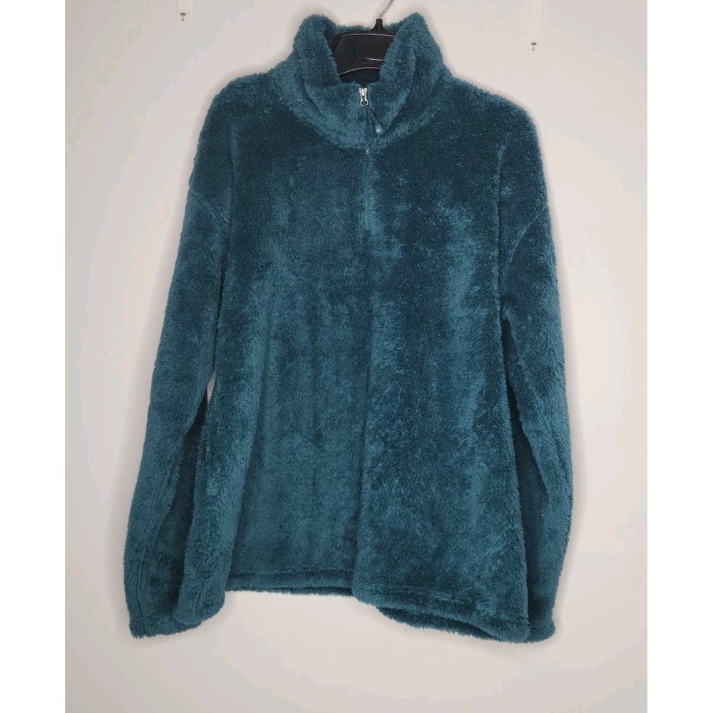 Eddie Bauer Womens XL Teal Blue High Pile Fleece Quarter Zip Pullover Sweater